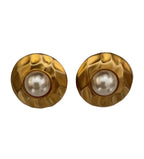 Vintage Hammered Gold and Faux Pearl Button Earrings