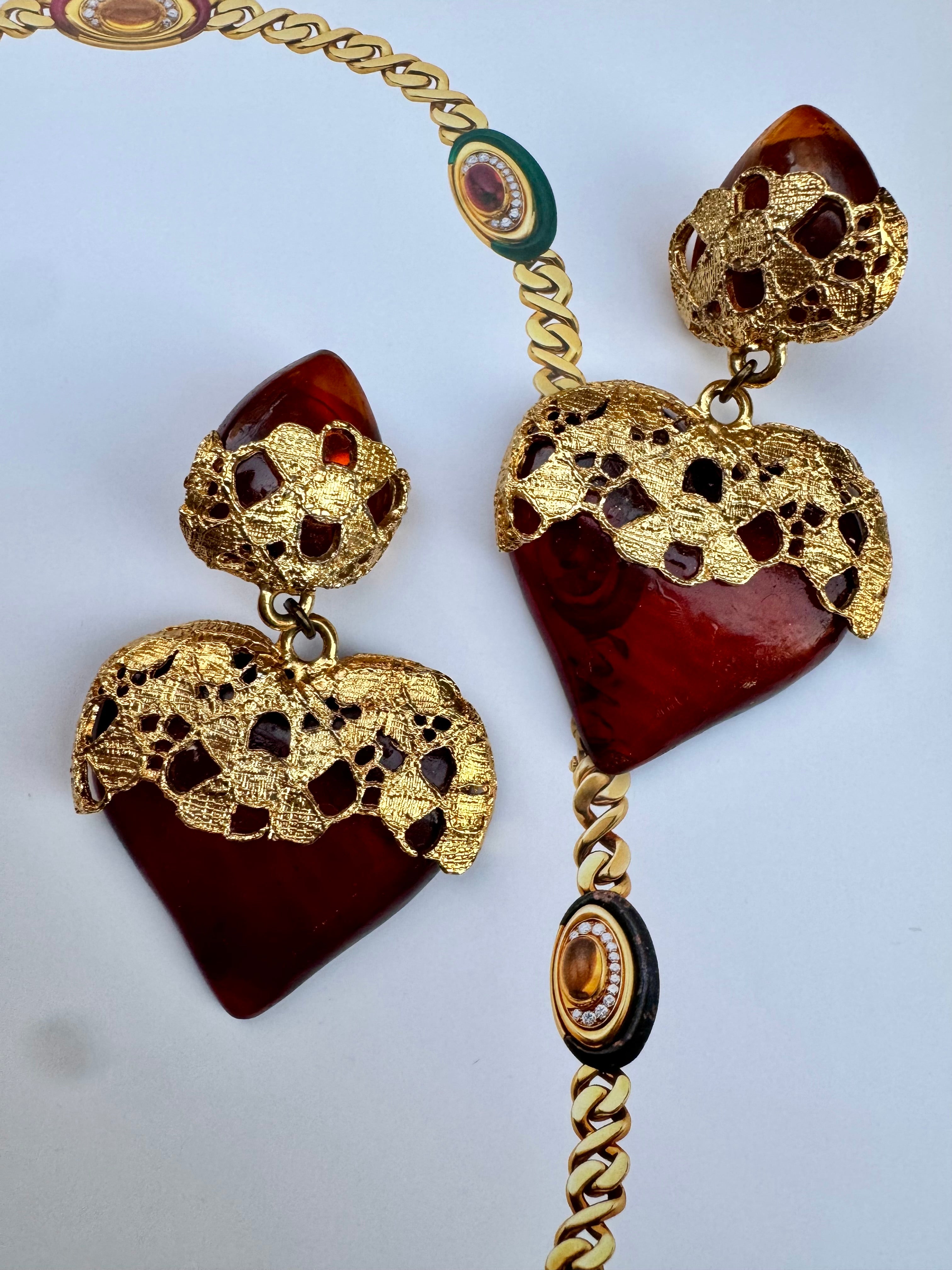 Vintage Baroque Heart Resin Drop Statement Earrings
