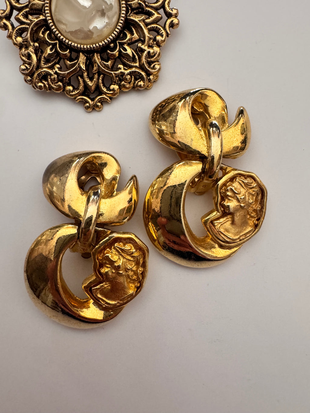 Vintage Neo-Classical Gold-Plated Cameo Door Knocker Earrings