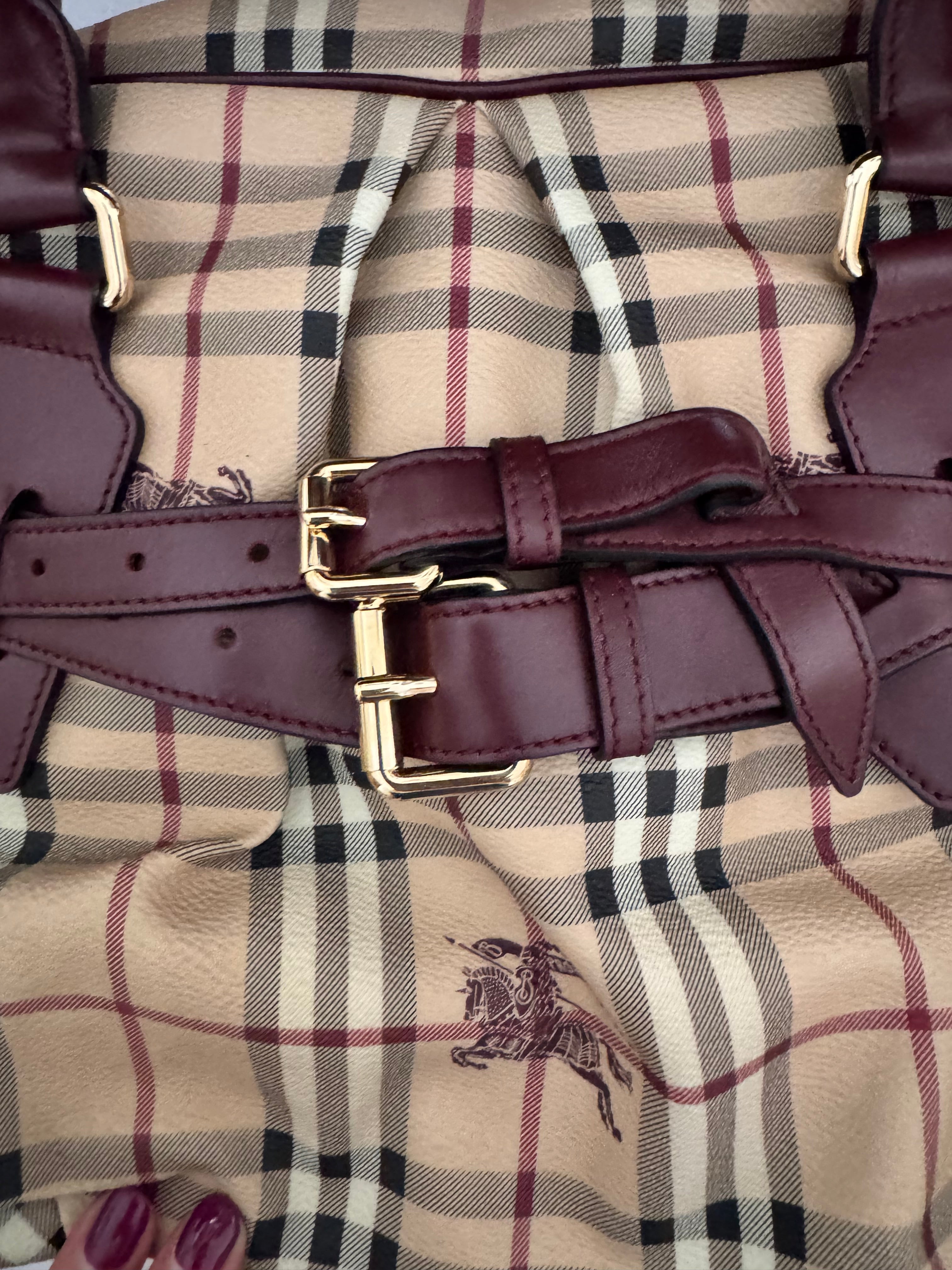 Burberry Brown Leather Haymarket Check Coated Canvas Top Handle Bag