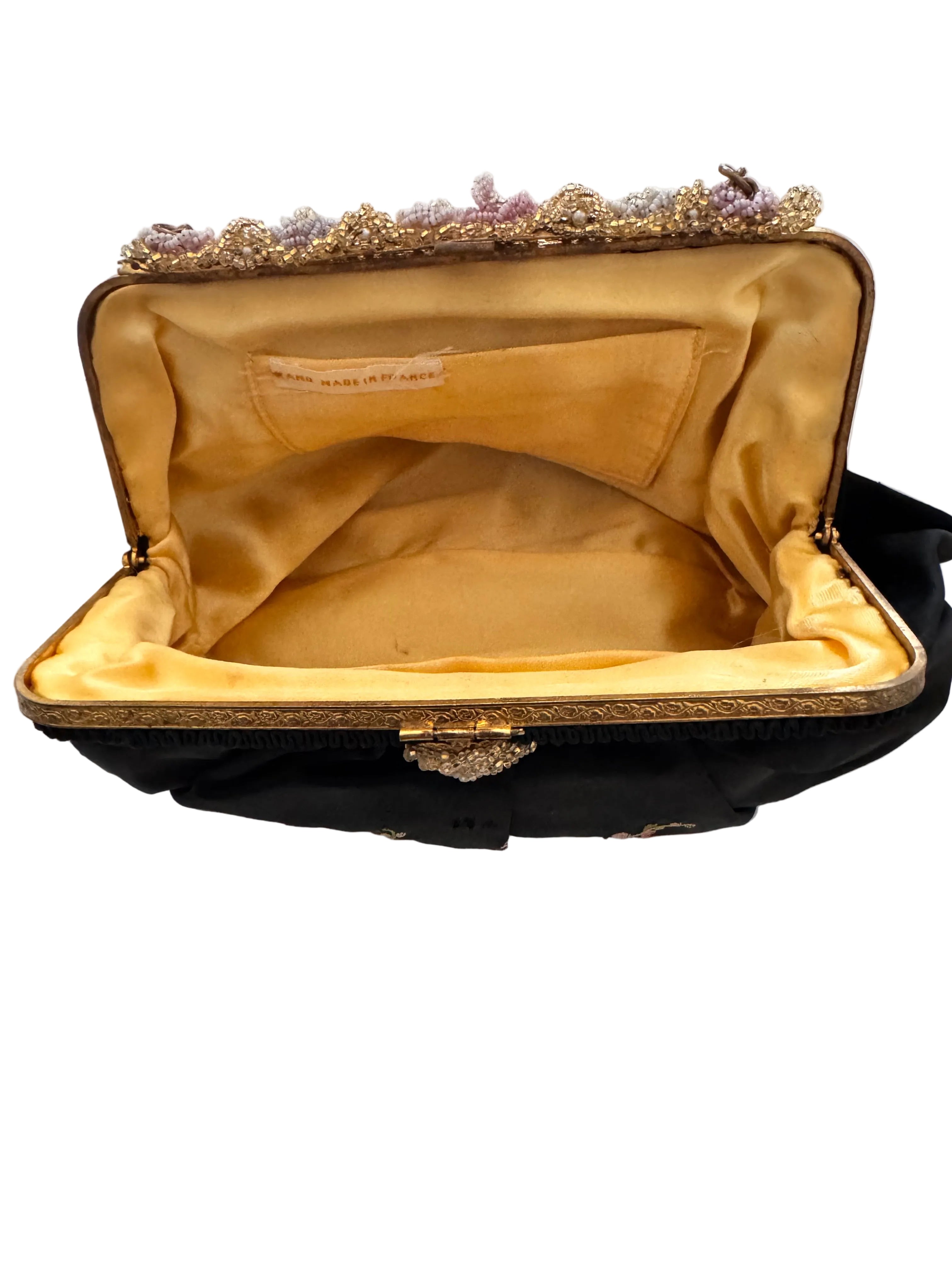 Vintage French Silk Satin Embroidered Evening Bag