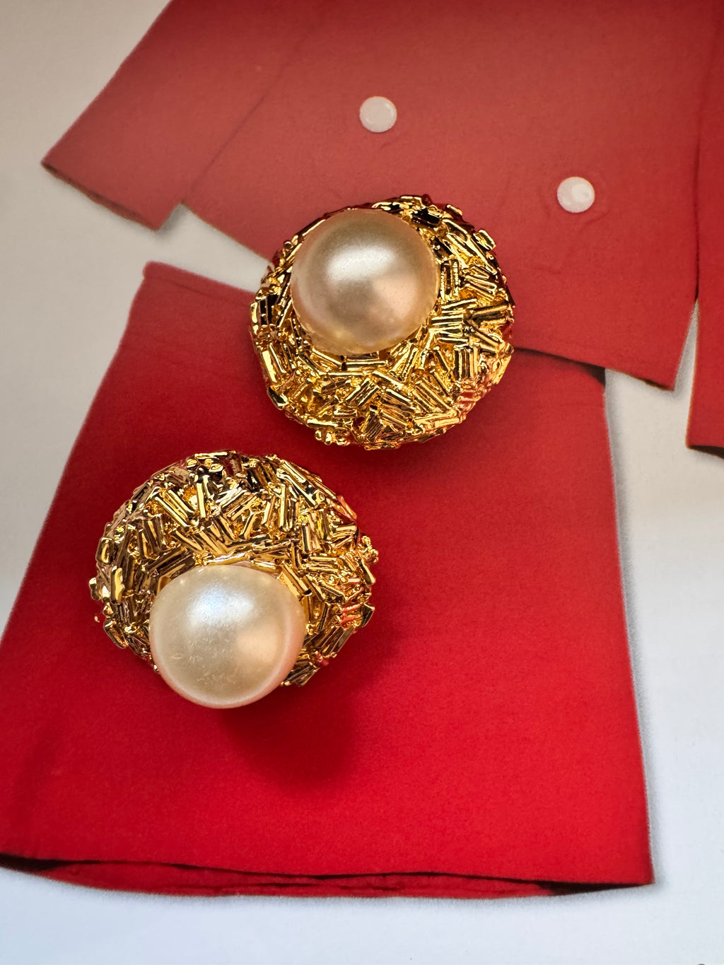 Vintage Gold-Plated Nugget & Faux Pearl Statement Clips