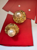 Vintage Gold-Plated Nugget & Faux Pearl Statement Clips