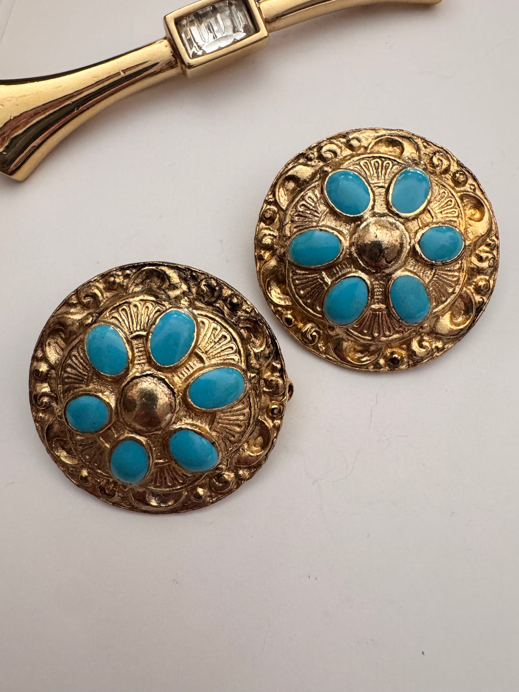 Vintage Boho-Chic Gold & Turquoise Sunburst Clip-On Earrings