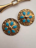 Vintage Boho-Chic Gold & Turquoise Sunburst Clip-On Earrings