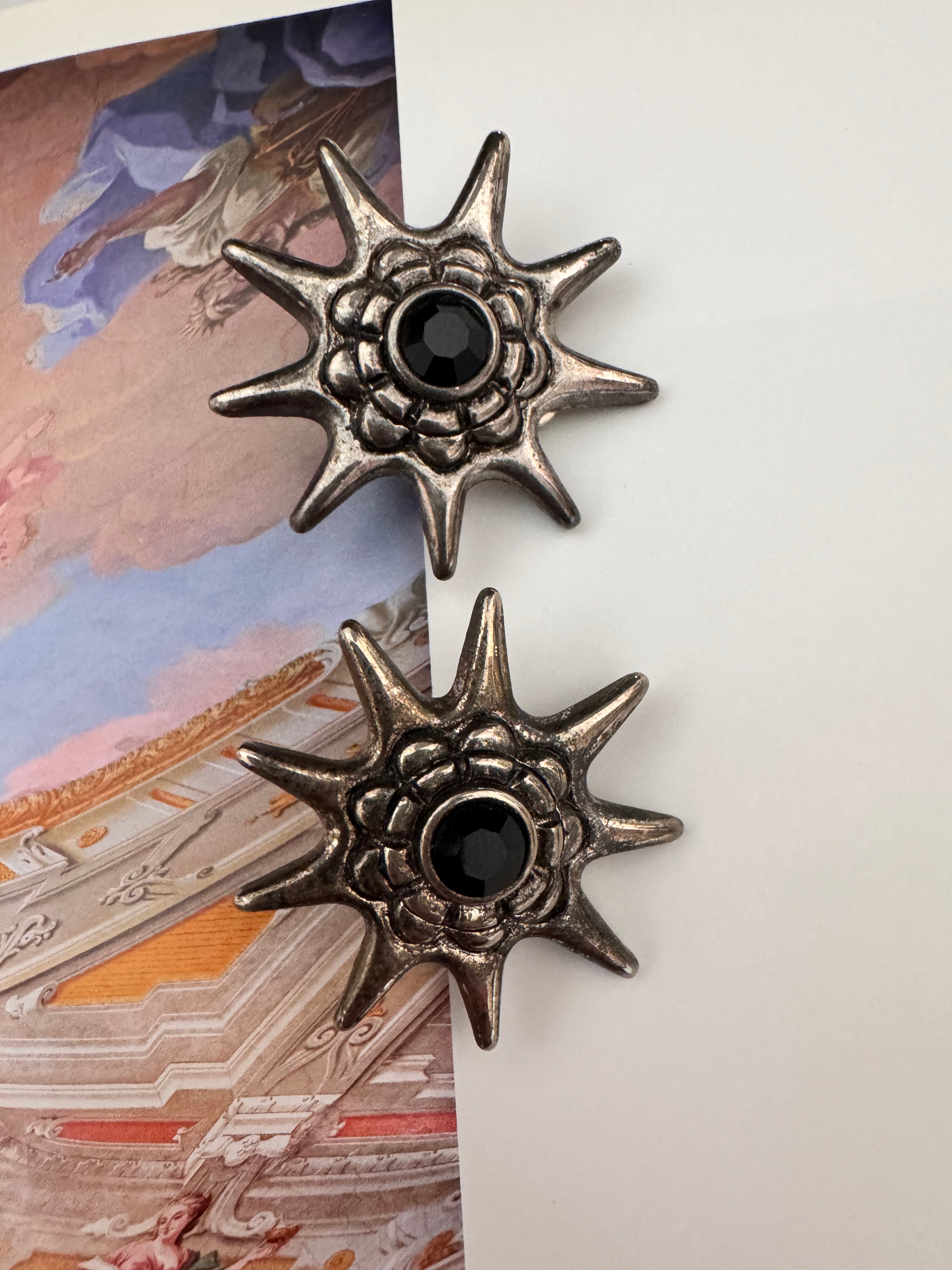 Vintage Silver Tone Starburst Black Stone Earrings