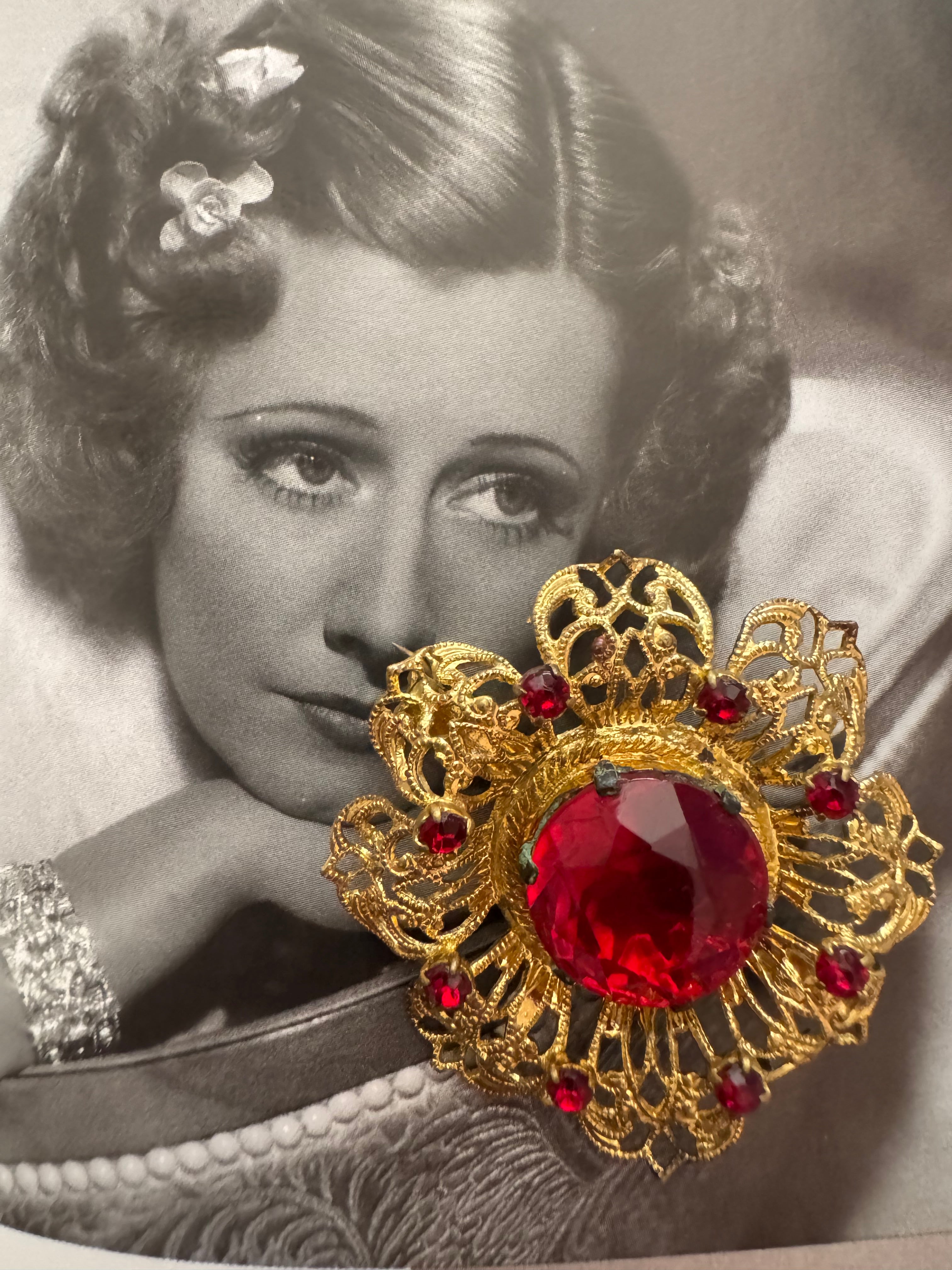 Vintage Victorian Revival Red Rhinestone Brooch