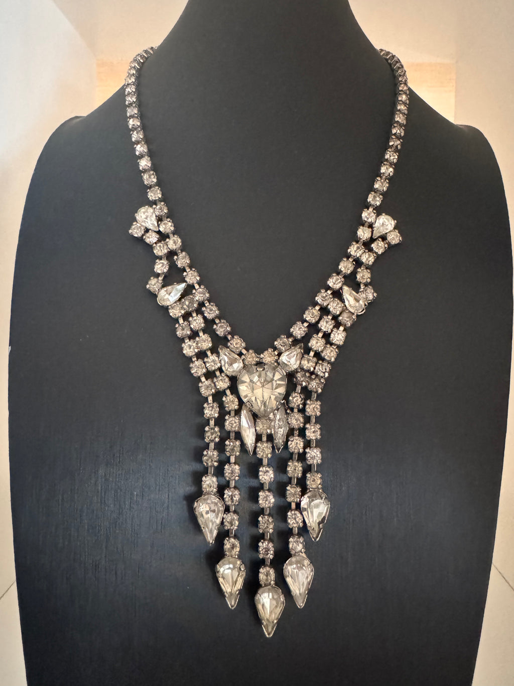 Vintage Hollywood Regency Rhinestone Fringe Statement Necklace