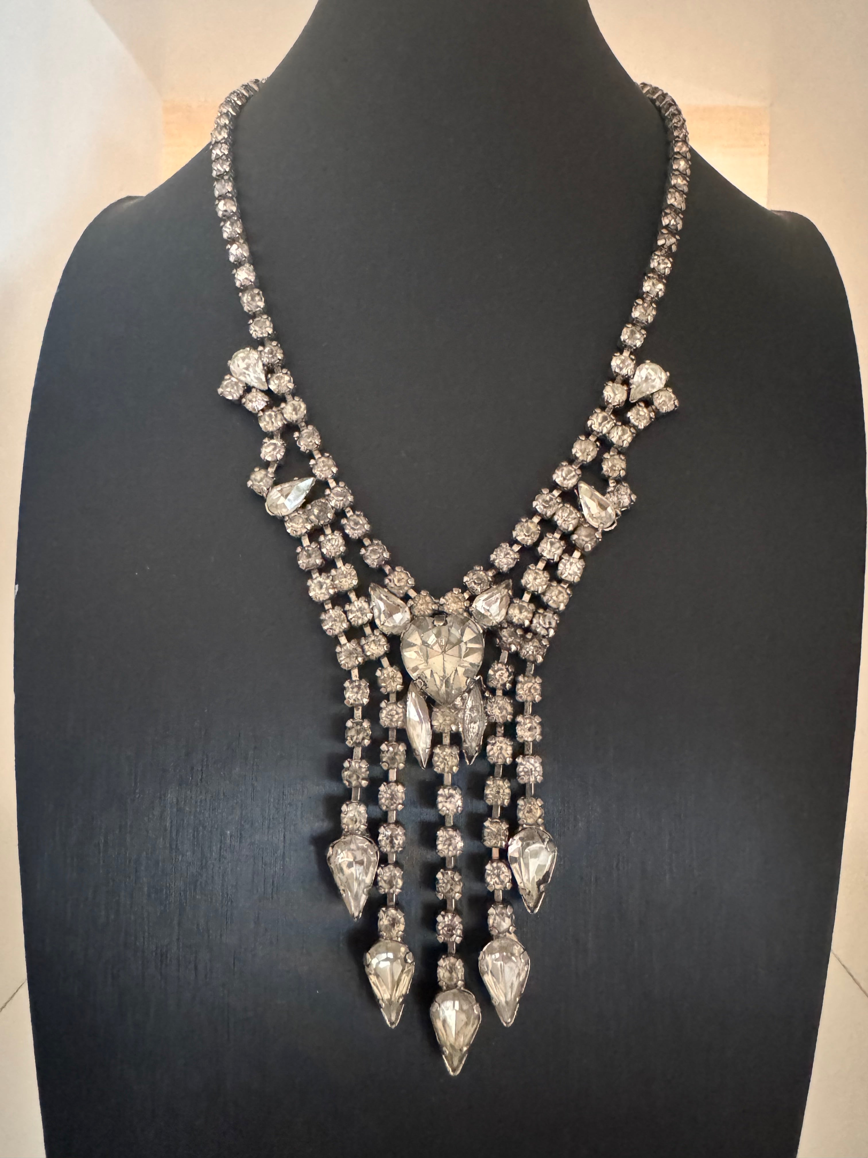 Vintage Hollywood Regency Rhinestone Fringe Statement Necklace