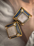 Vintage Neo-Classical Enamel and Marbled Square Clip-On Earrings