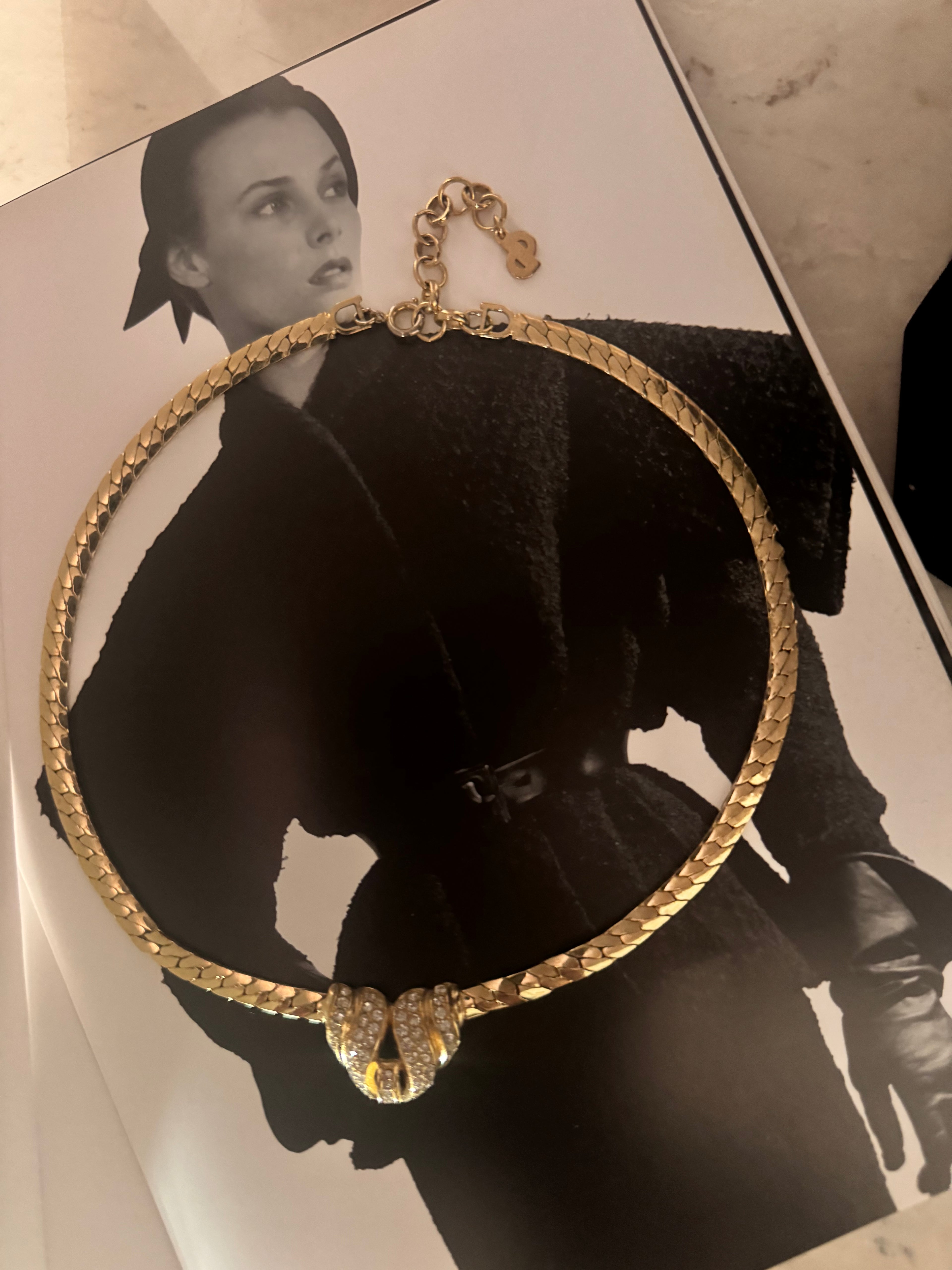 Vintage Christian Dior Choker Necklace with Rhinestone Center