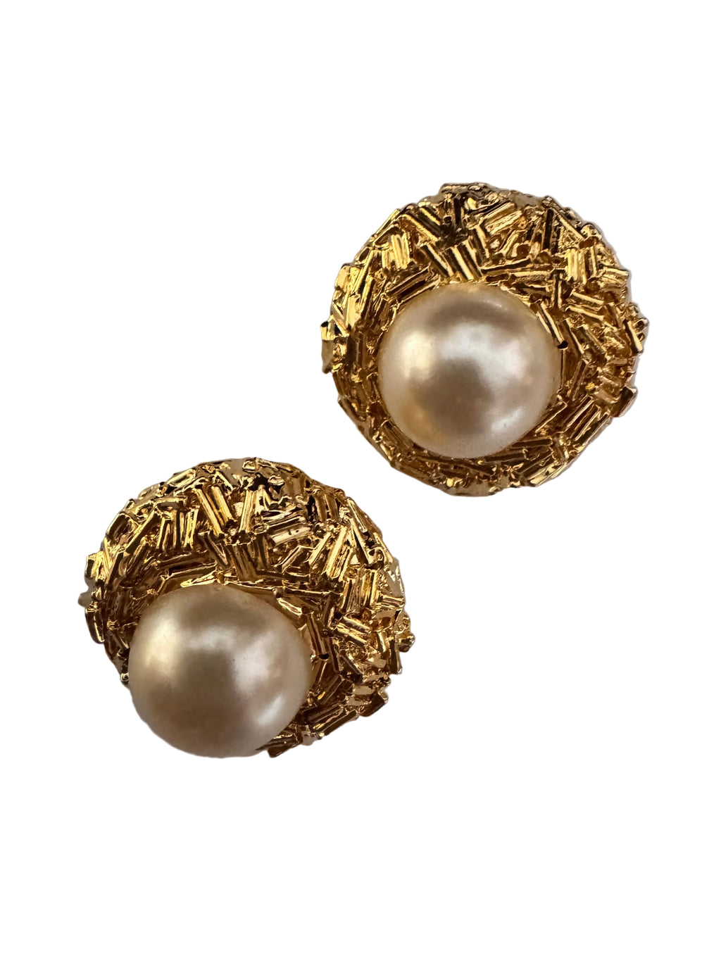 Vintage Gold-Plated Nugget & Faux Pearl Statement Clips