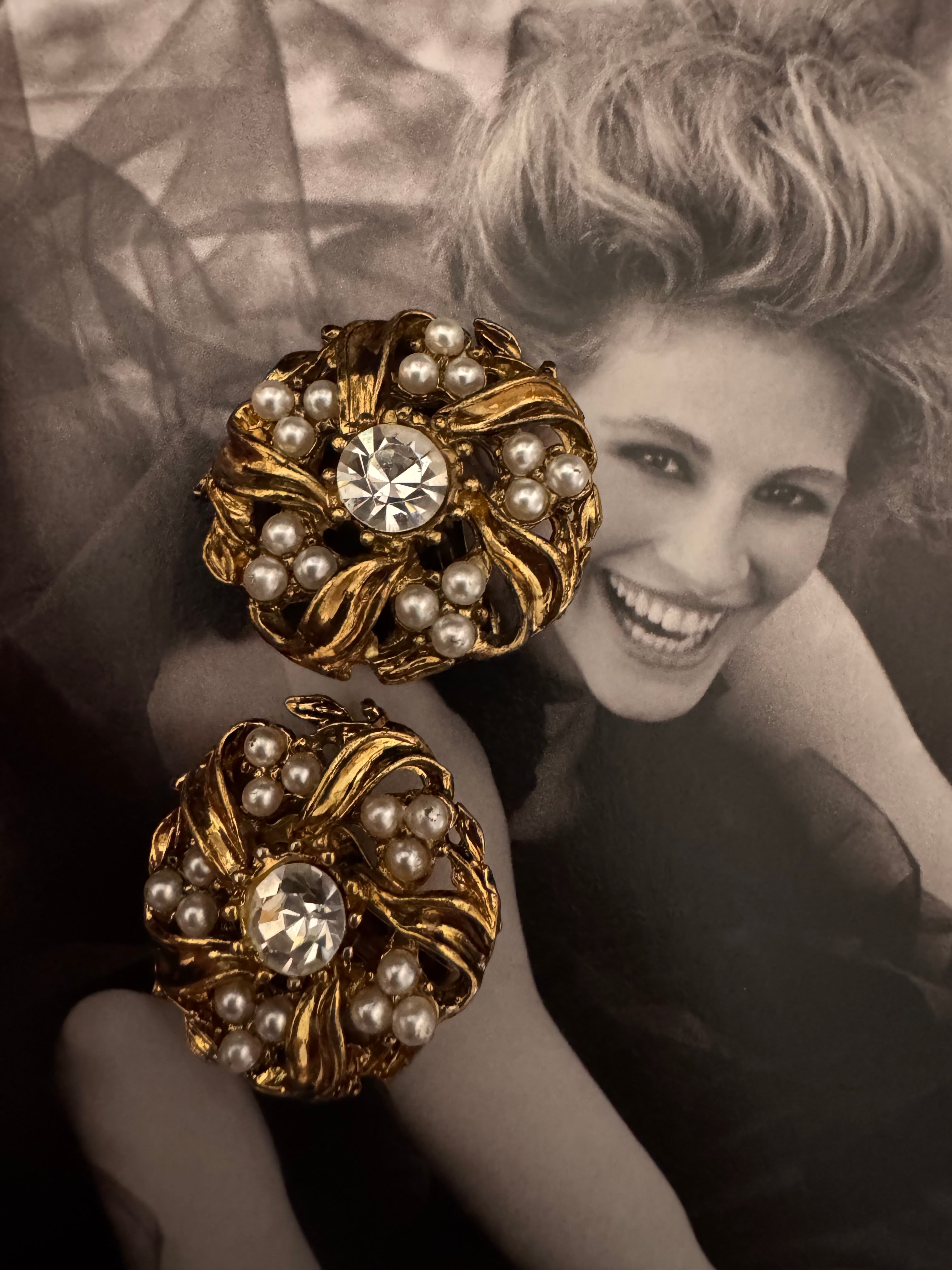 Vintage Faux Pearl & Rhinestone Statement Clip-On Earrings