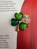 Vintage Green Clover Brooch with Rhinestones