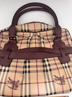 Burberry Brown Leather Haymarket Check Coated Canvas Top Handle Bag