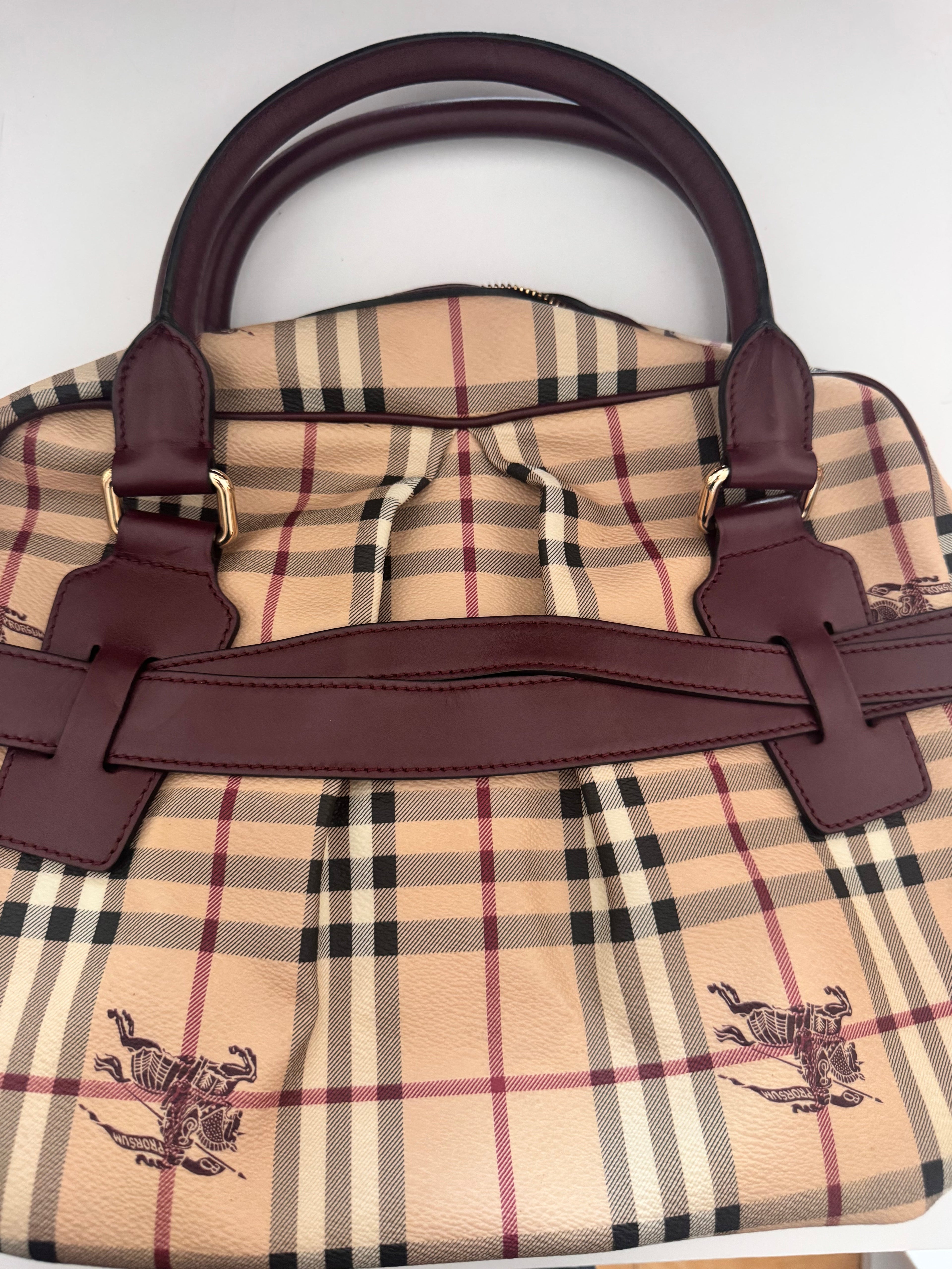 Burberry Brown Leather Haymarket Check Coated Canvas Top Handle Bag