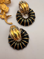 Vintage 80s Glam Gold-Plated & Black Enamel Ribbed Hoop Earrings