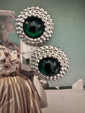 Vintage Silver Tone Green Cabochon Clip-On Earrings