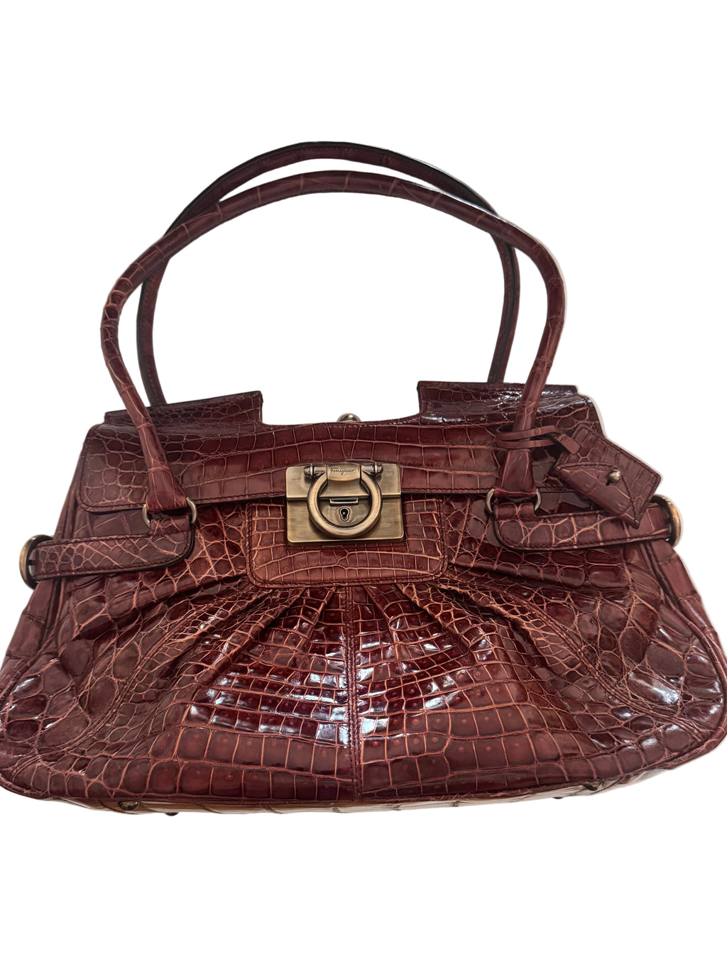 Salvatore Ferragamo Maroon Croc-Embossed Gancini Satchel
