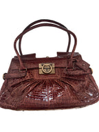 Salvatore Ferragamo Maroon Croc-Embossed Gancini Satchel
