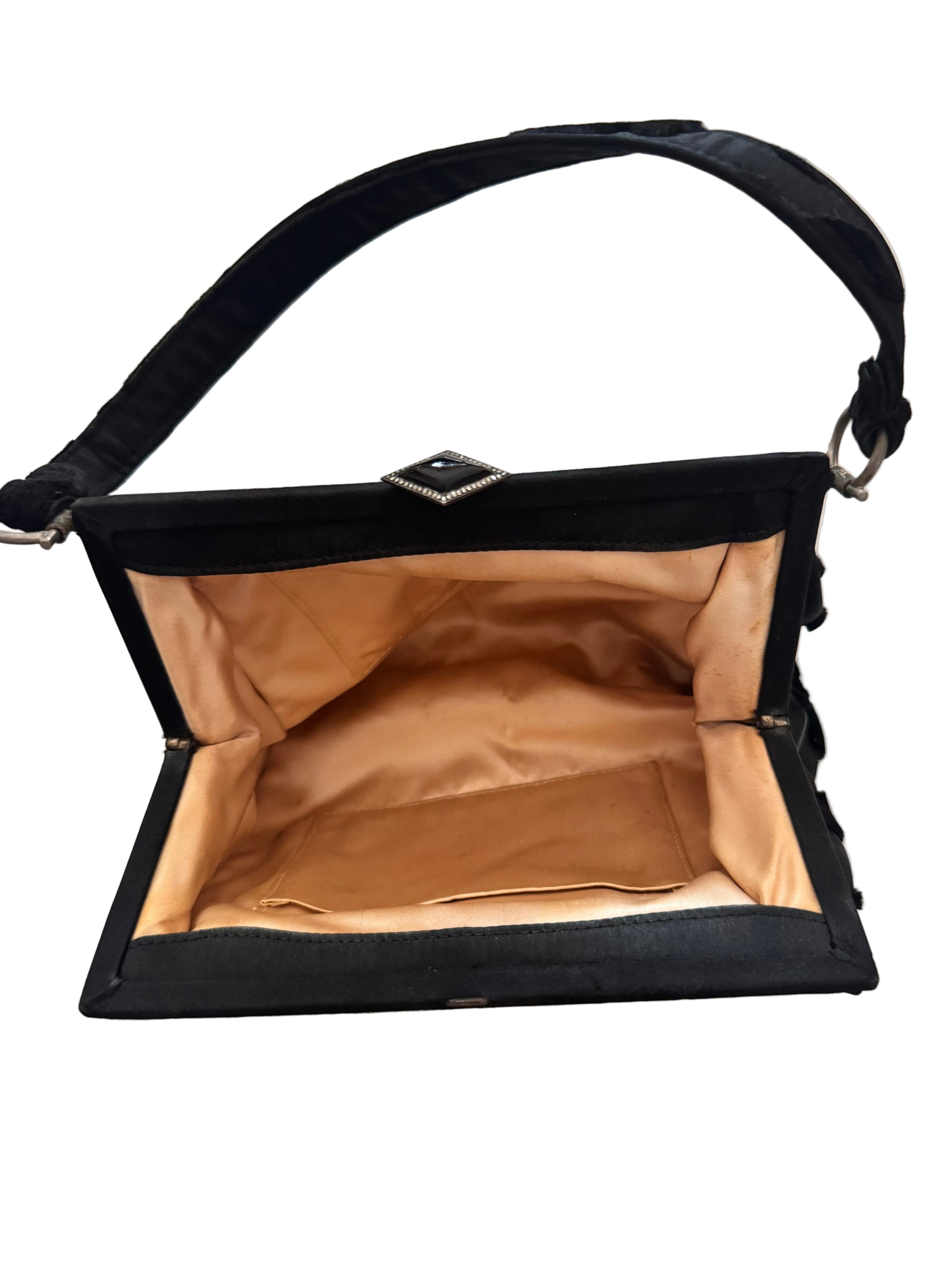 Vintage Black Devoré Velvet Floral Handbag with Satin Interior