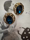 Vintage Blue Glass Cabochon Clip-On Earrings