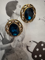 Vintage Blue Glass Cabochon Clip-On Earrings