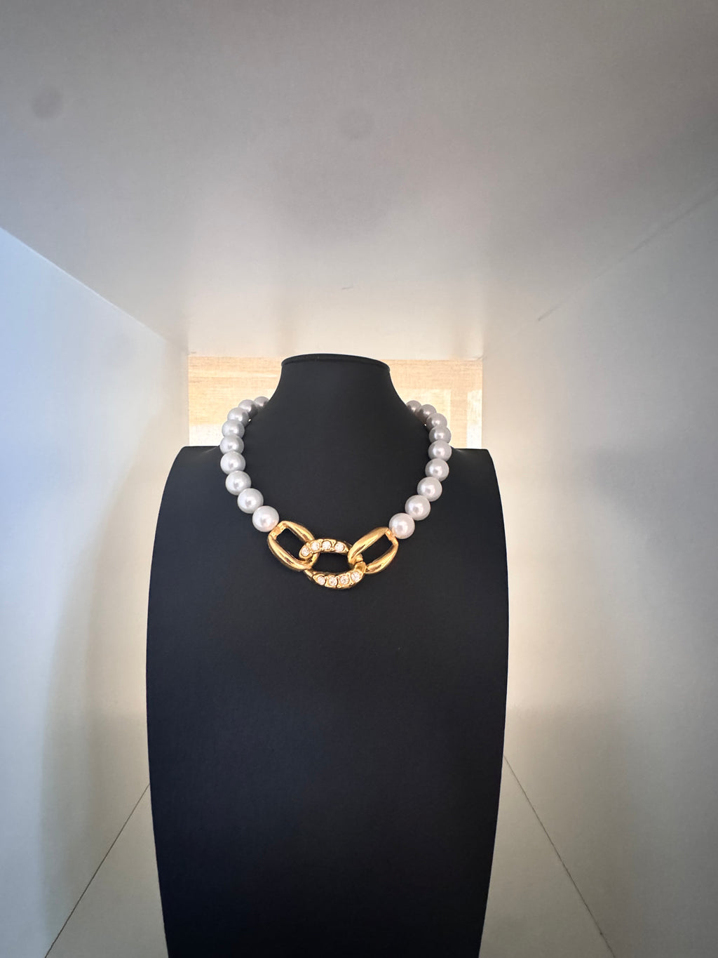 Vintage Faux Pearl & Crystal Link Statement Collar Necklace