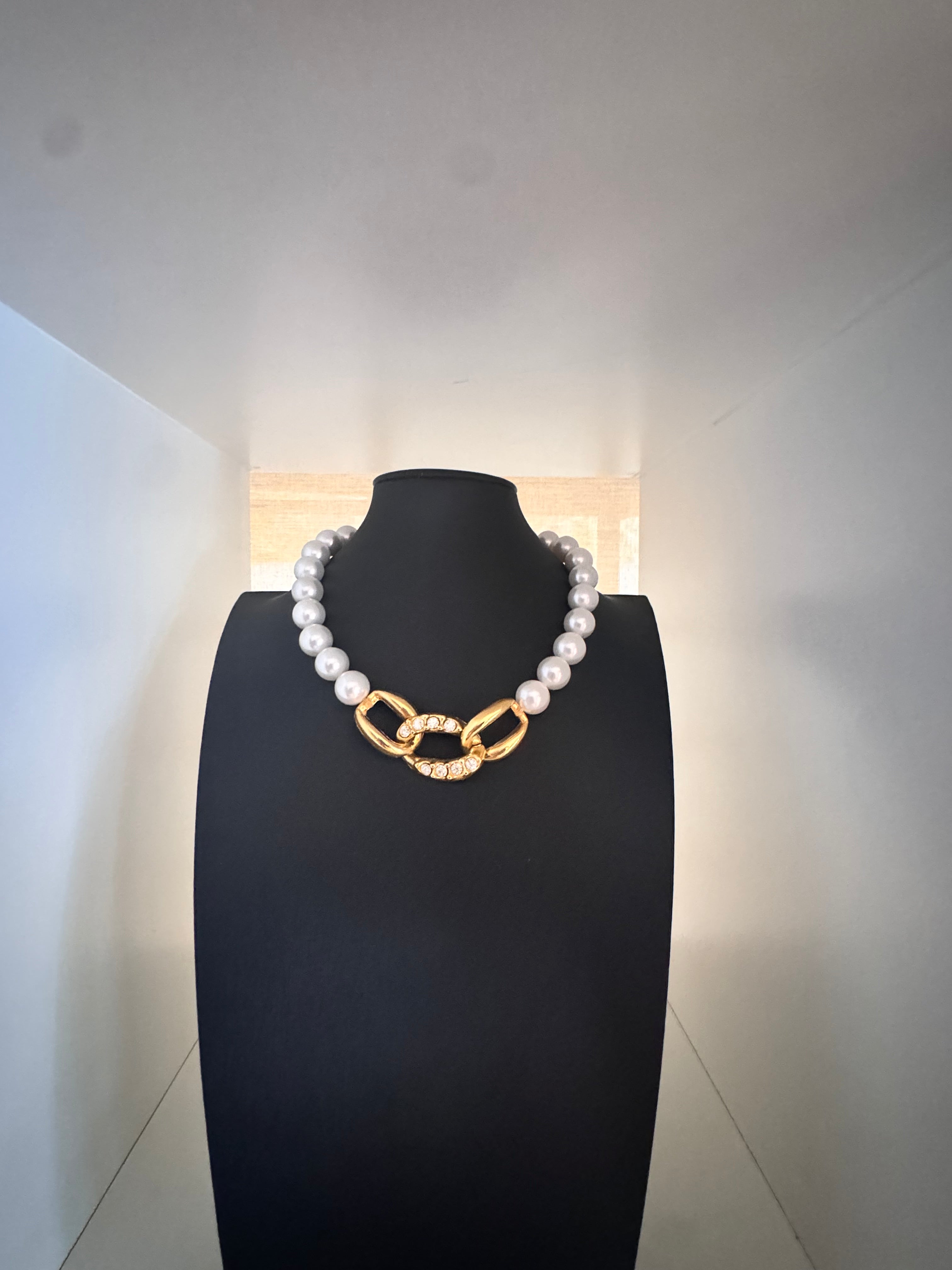 Vintage Faux Pearl & Crystal Link Statement Collar Necklace