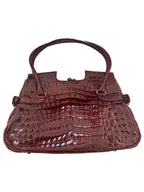 Salvatore Ferragamo Maroon Croc-Embossed Gancini Satchel