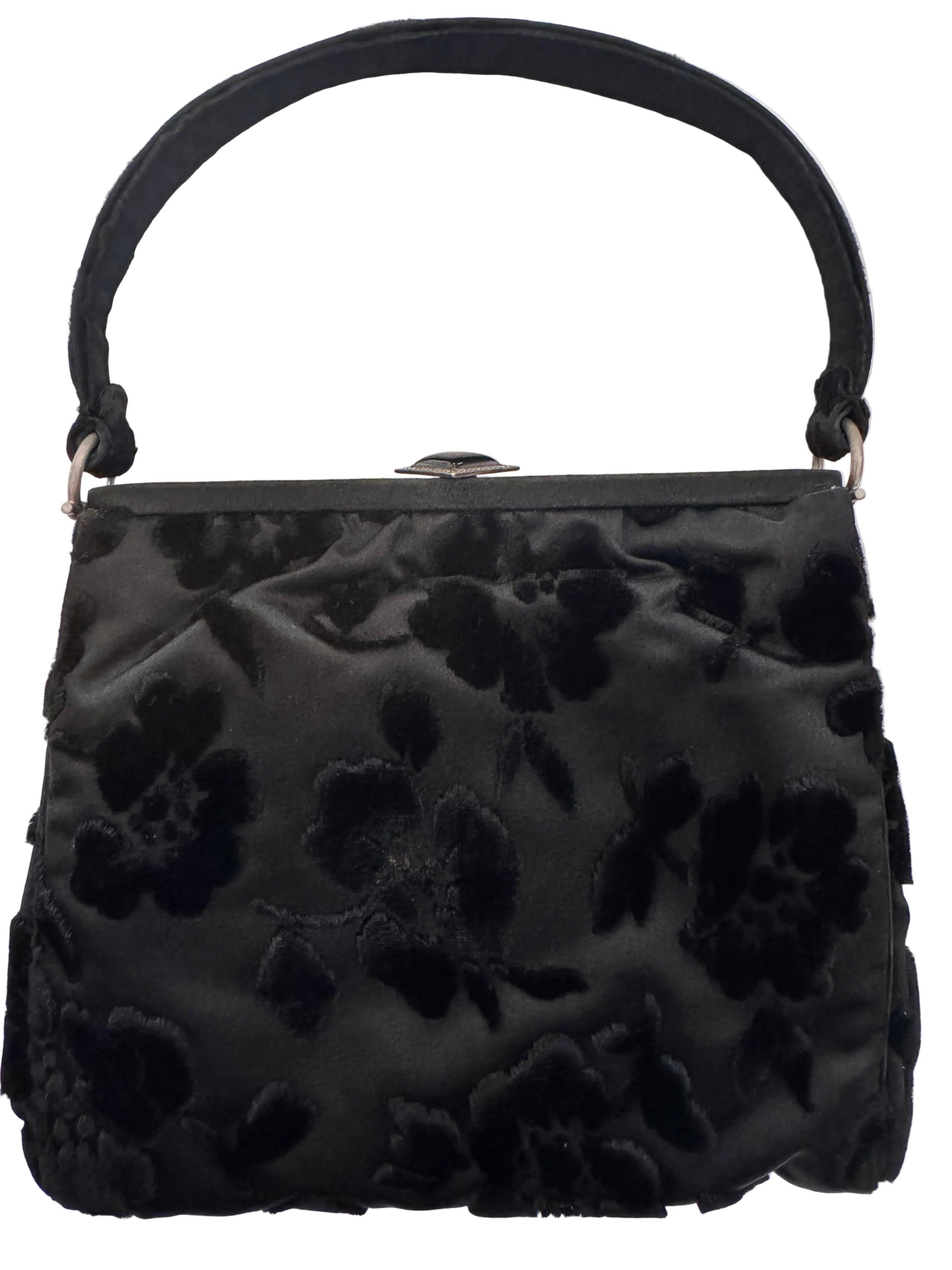 Vintage Black Devoré Velvet Floral Handbag with Satin Interior