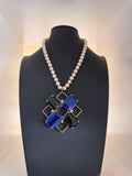 Vintage Postmodern Geometric Grid Faux Pearl Necklace