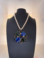 Vintage Postmodern Geometric Grid Faux Pearl Necklace