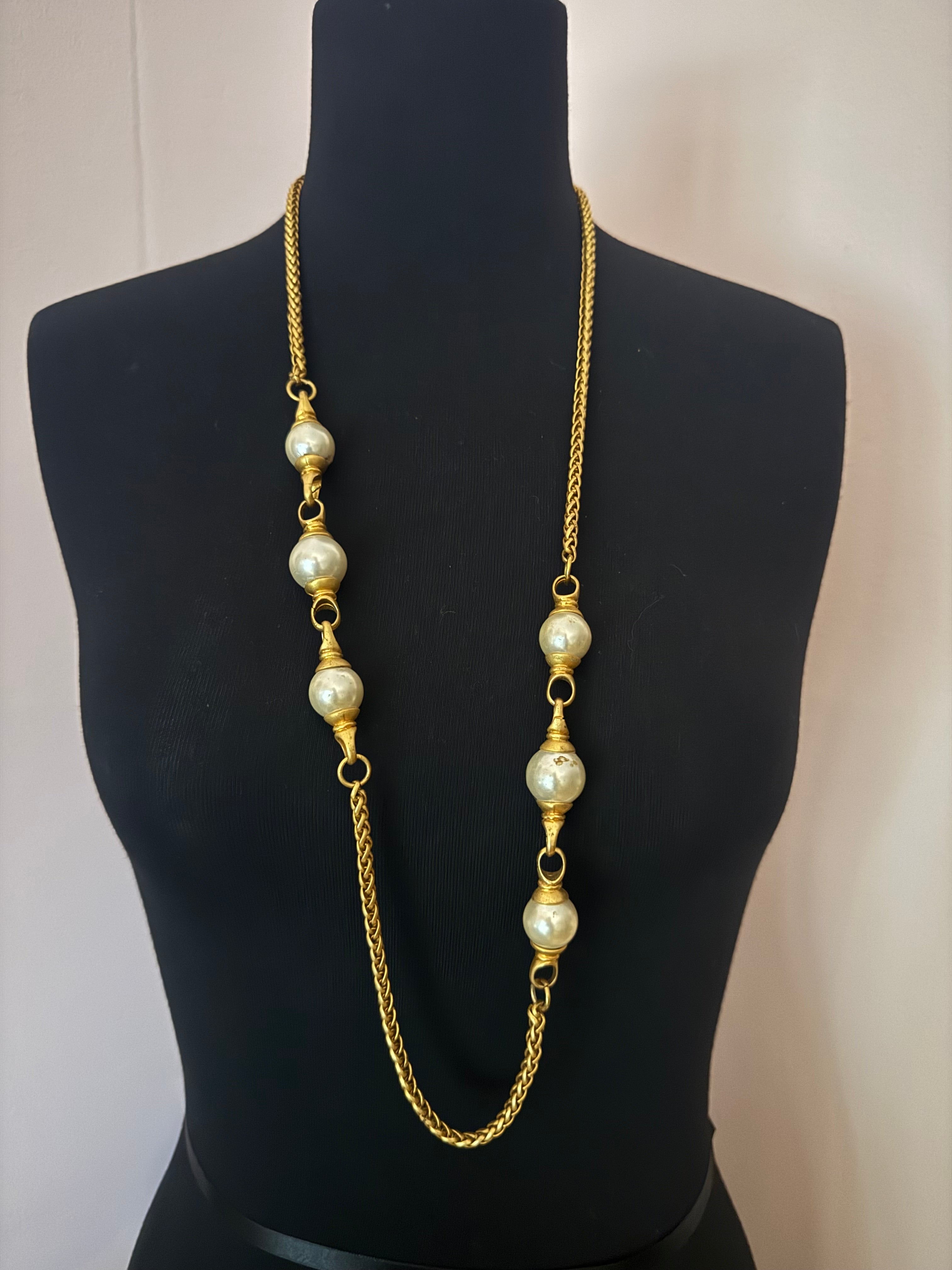 Vintage Gold Plated Pearl Sautoir Chain Necklace