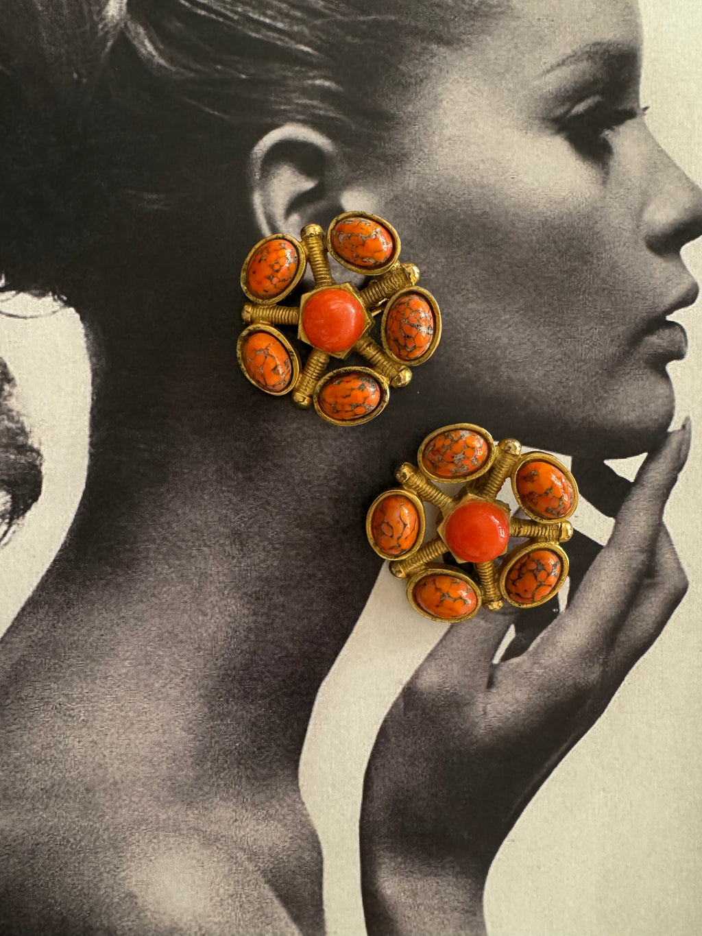 Vintage Faux Coral & Matrix Cabochon Earrings