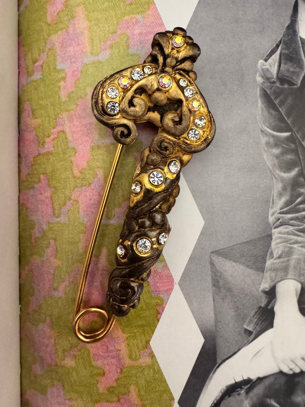 Vintage Baroque Revival Rhinestone Safety Pin Brooch