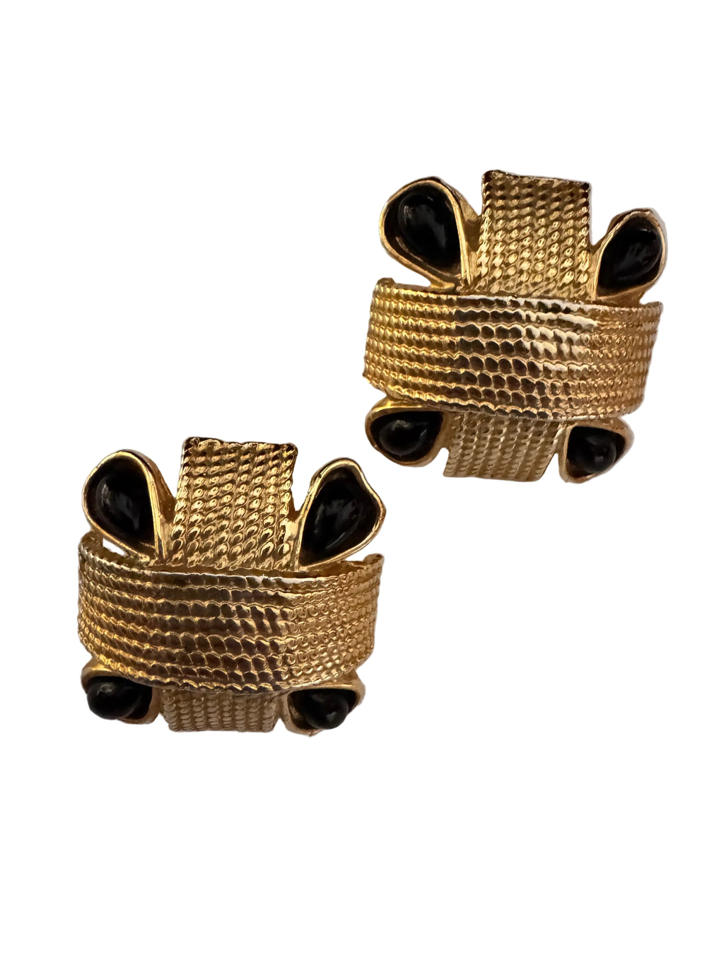 Vintage 1990s Ribbed Gold-Plated Square Black Stone Clips