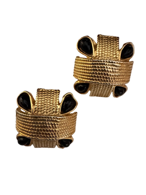 Vintage 1990s Ribbed Gold-Plated Square Black Stone Clips