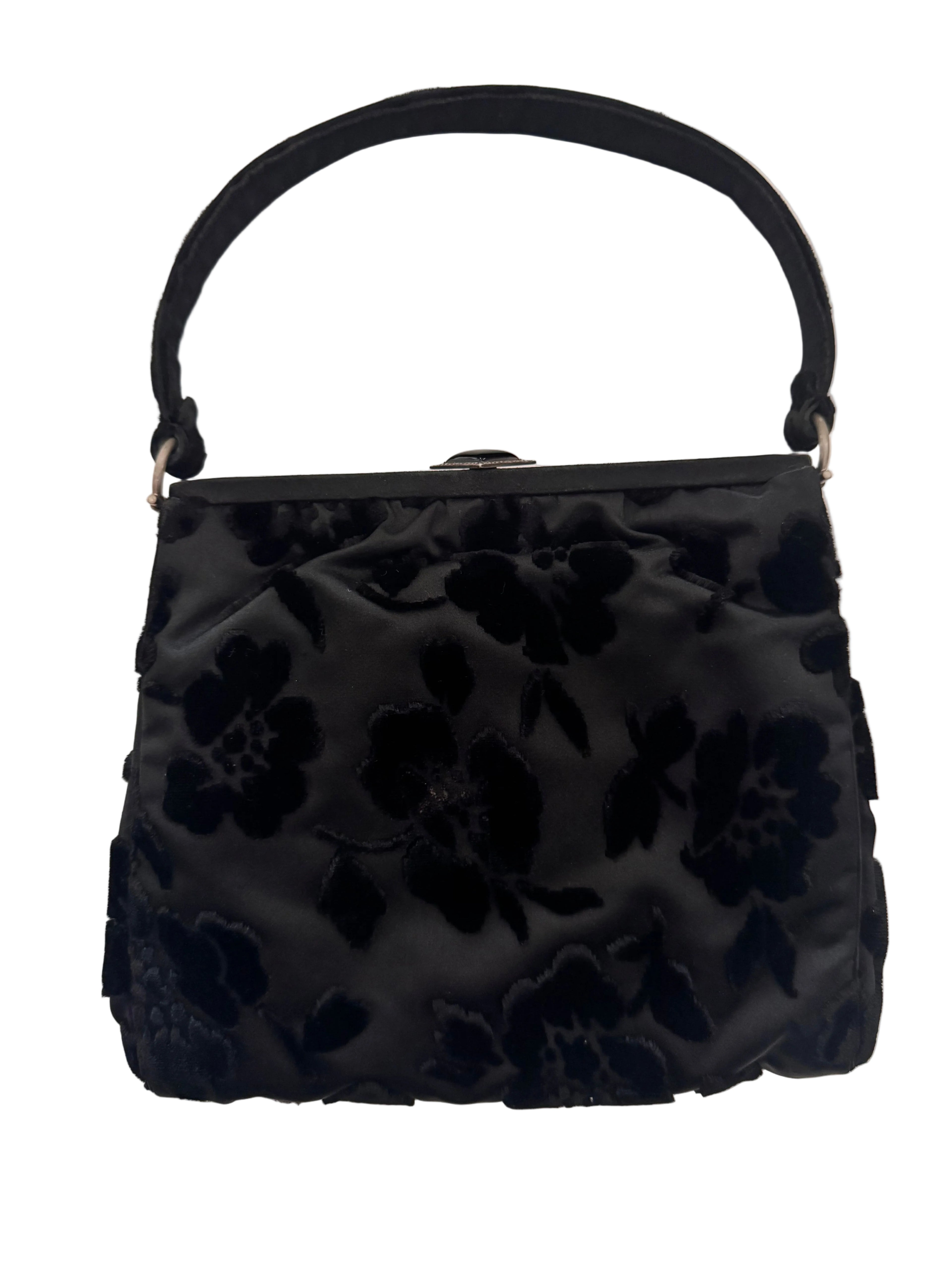 Vintage Black Devoré Velvet Floral Handbag with Satin Interior