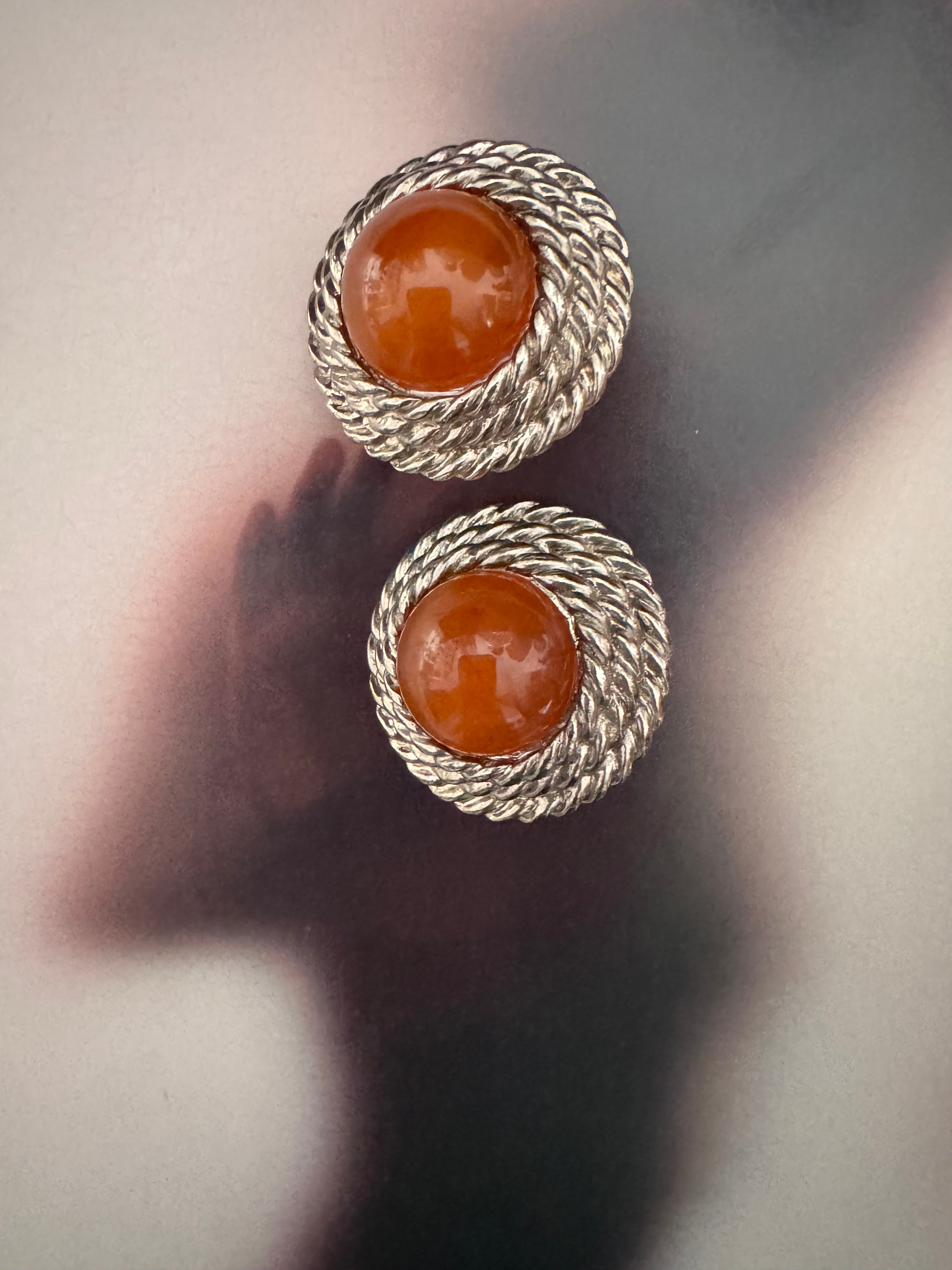 Vintage Amber Cabochon Silver Tone Clip-On Earrings