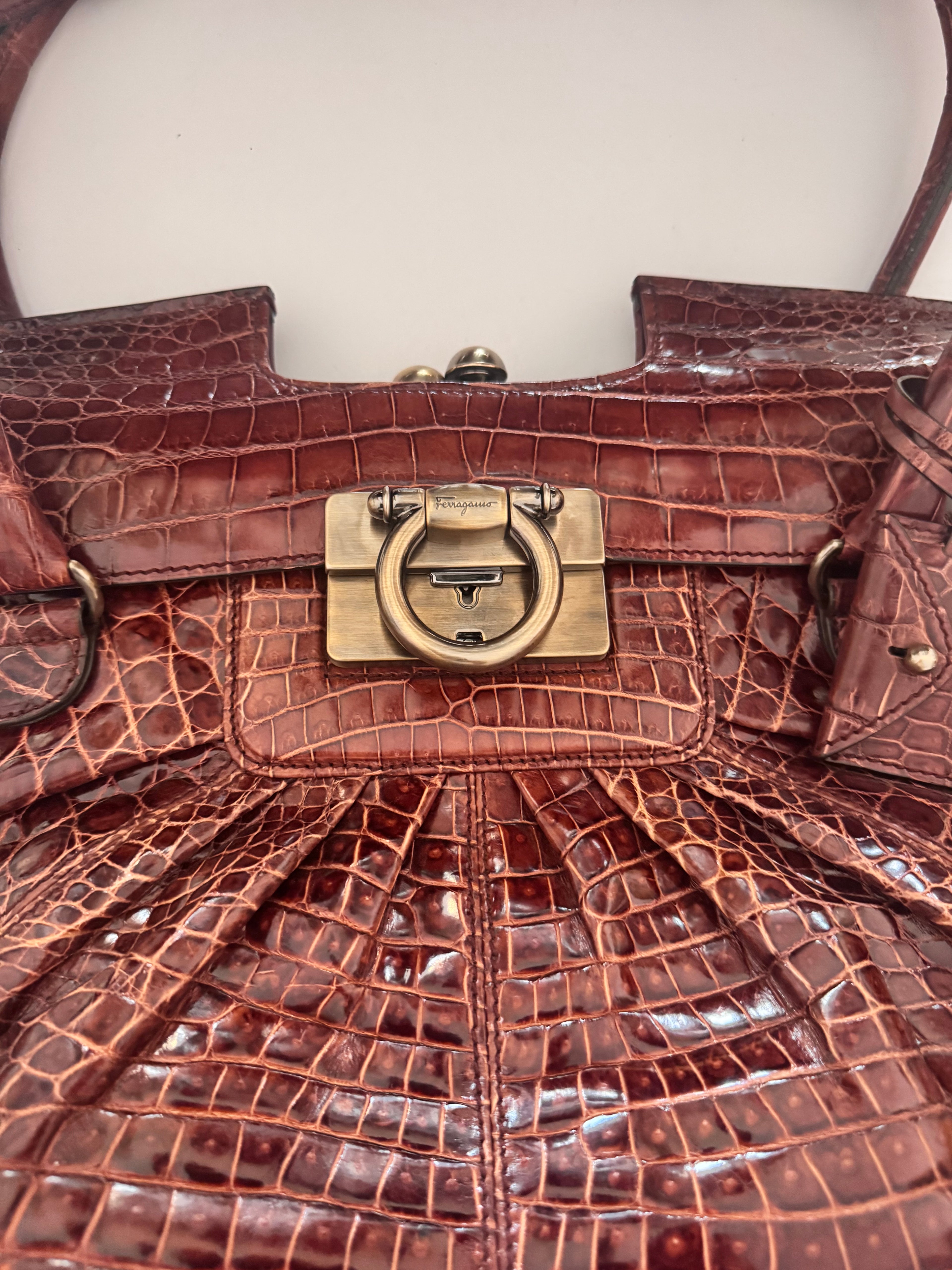 Salvatore Ferragamo Maroon Croc-Embossed Gancini Satchel