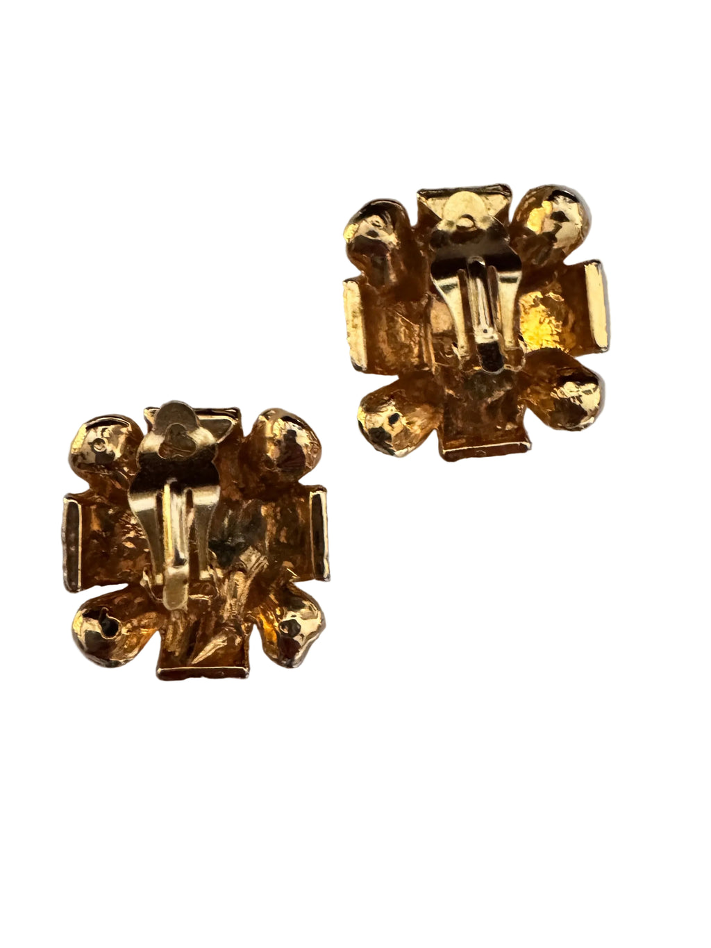 Vintage 1990s Ribbed Gold-Plated Square Black Stone Clips