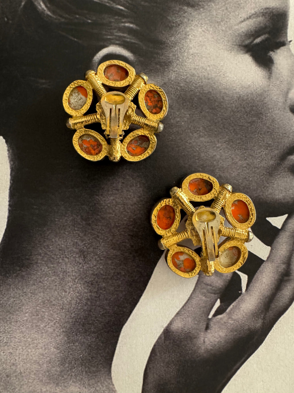 Vintage Faux Coral & Matrix Cabochon Earrings