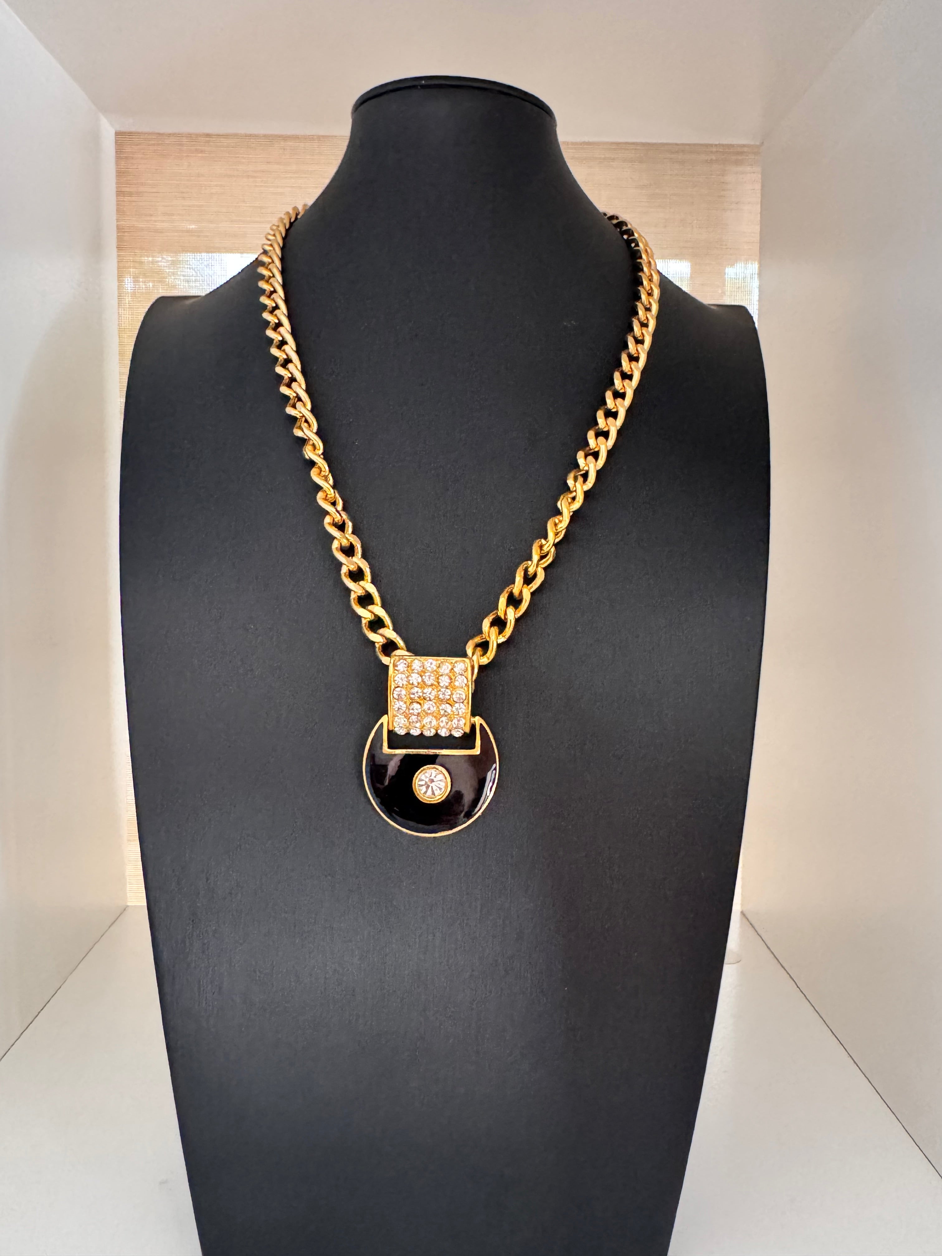 Vintage Art Deco Style Black Enamel Crystal Curb Chain Necklace