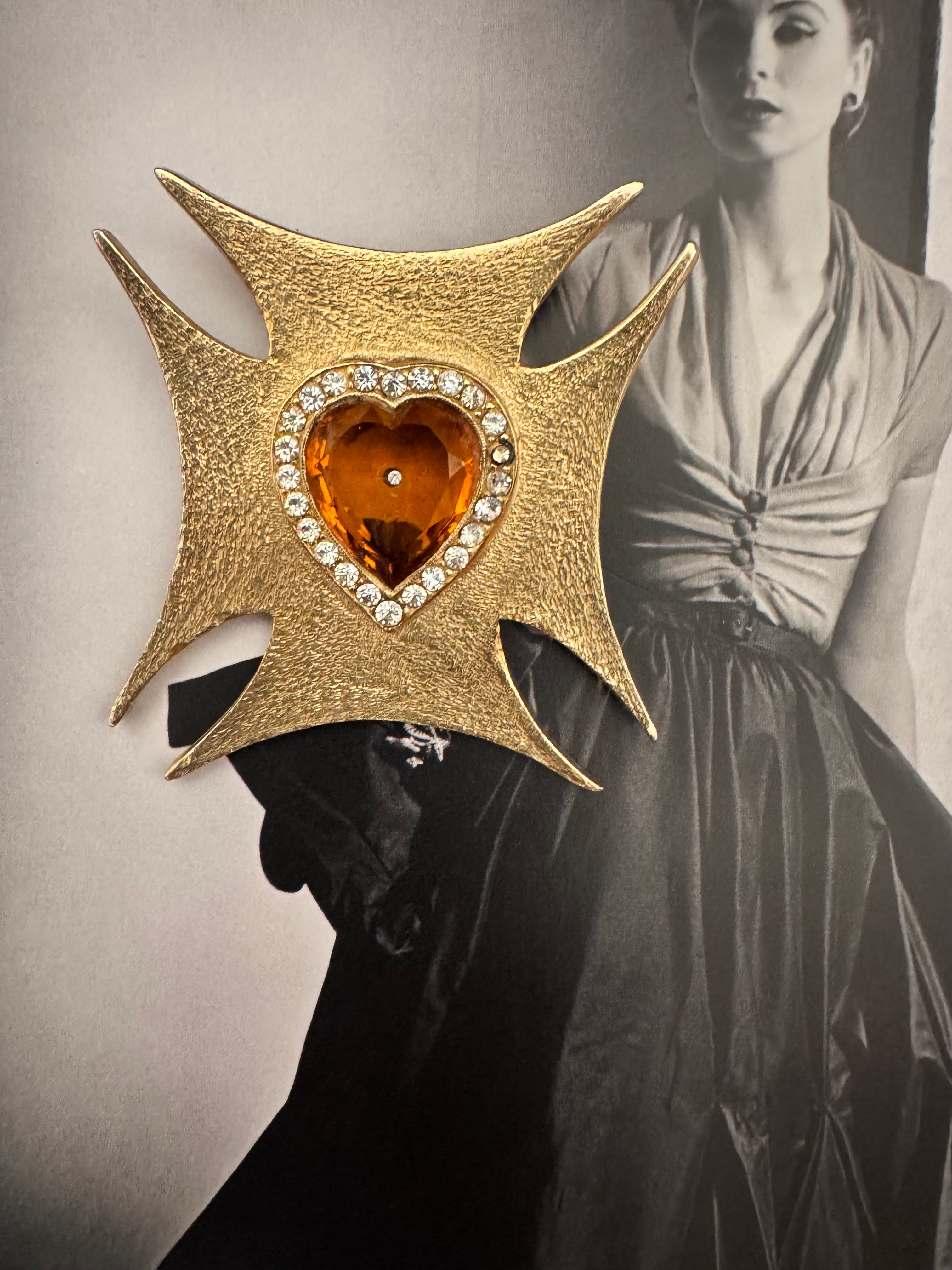 Vintage Maltese Cross Heart Crystal Convertible Brooch Pendant