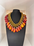 Vintage Marbled Resin Statement Necklace in Gold Tone