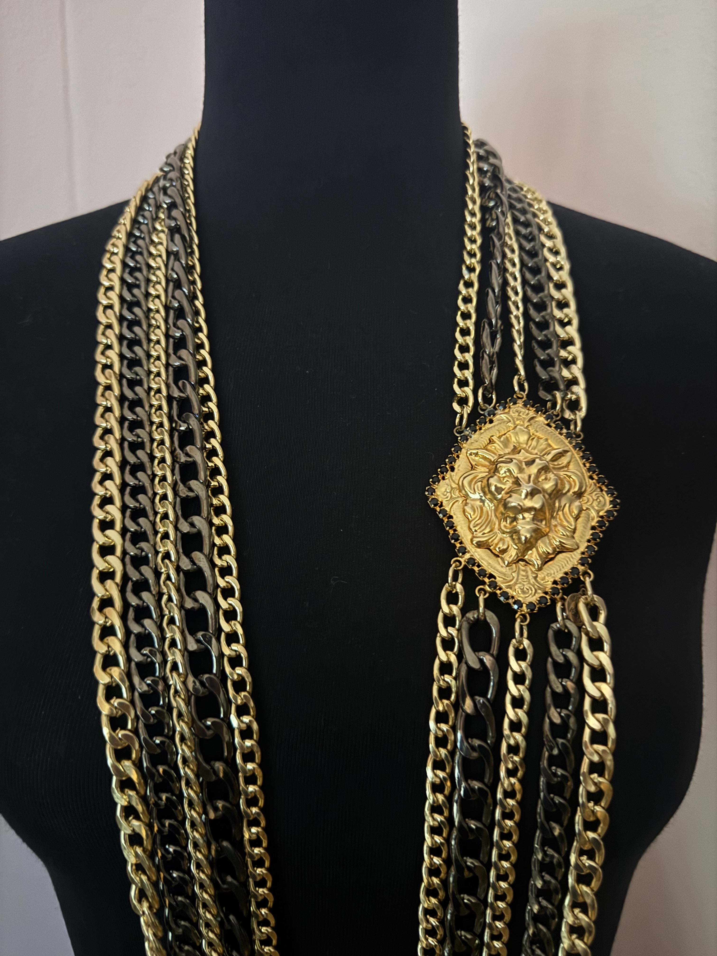 Vintage Givenchy Multi Chain Lion Medallion Sautoir Necklace