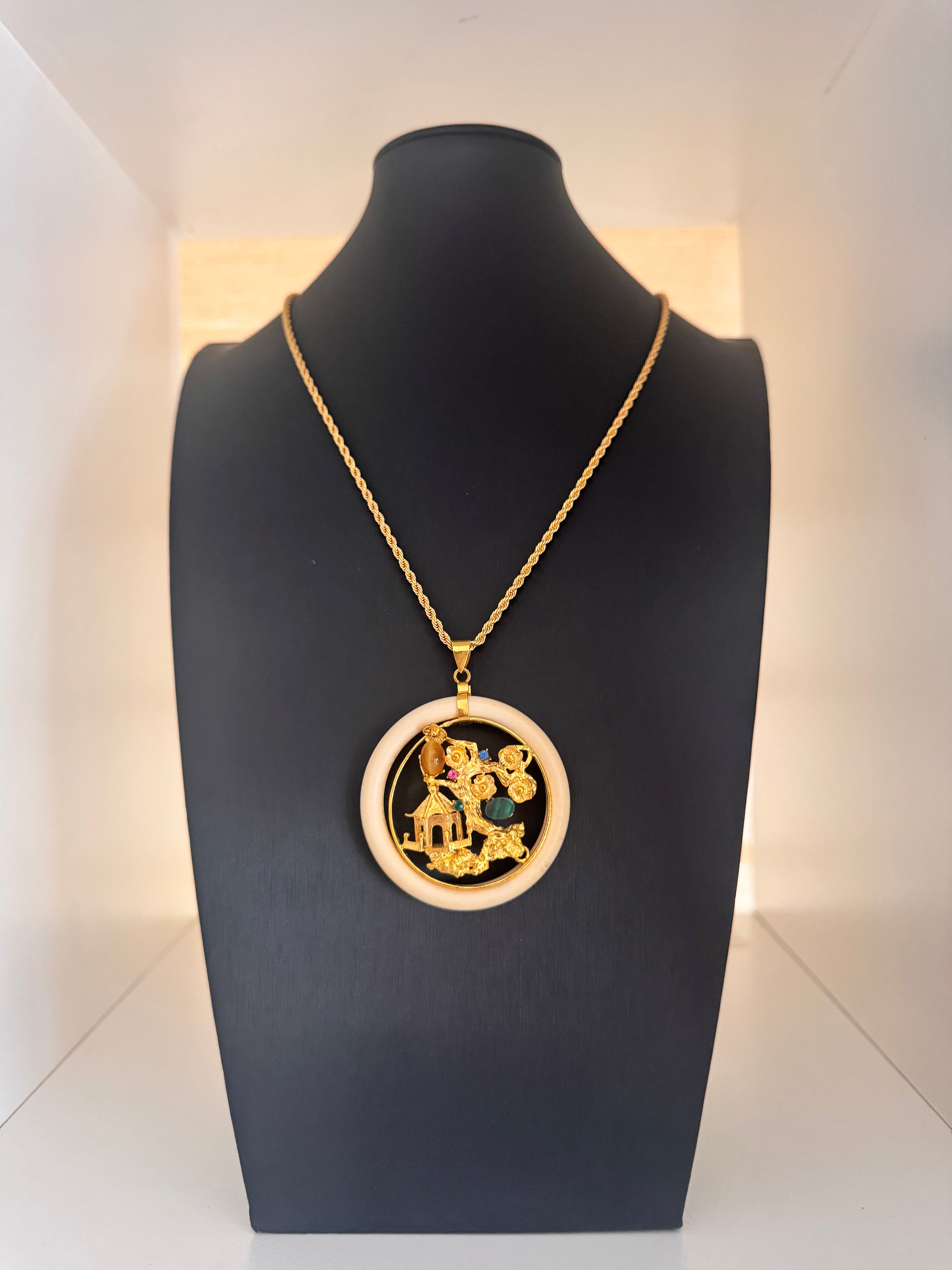 Vintage Japanese Gold Plated Scenic Pendant Necklace