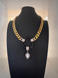 Vintage 1980s Gold-Plated Curb Chain & Onyx-Tone Pendant Necklace