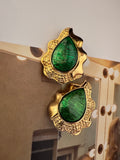 Vintage Emerald Green Cabochon Gold Plated Earrings